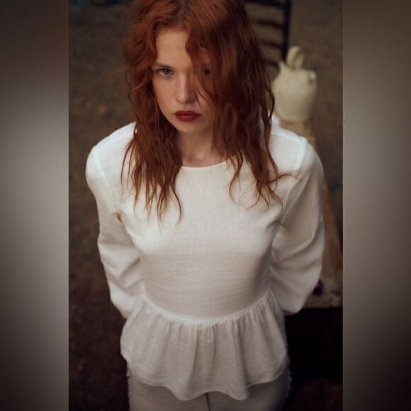 ZARA LINEN BLEND PEPLUM TOP - Picture 1 of 8